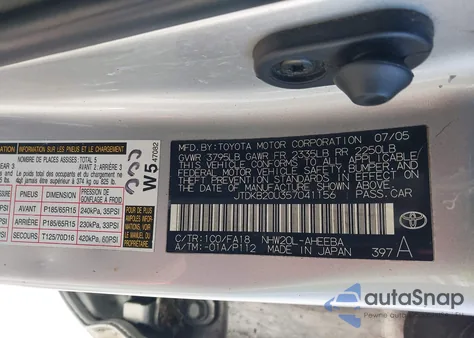 2005 Toyota Prius from USA, damaged, VIN JTDKB20U357041156